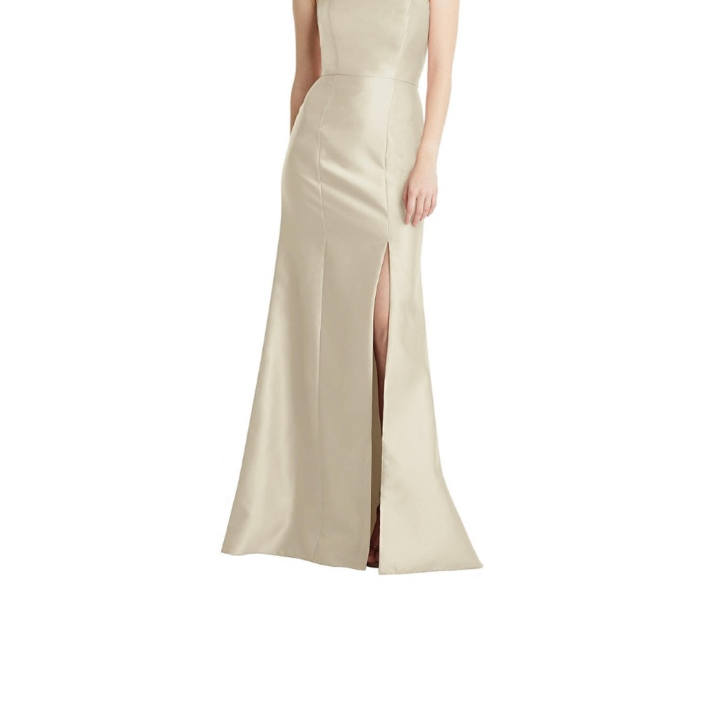 Dessy Group strapless satin twill maxi dress with slit